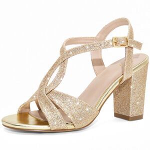 Glitter Sparkly Heels Crisscross Strap Chunky Heel Sandals Gold